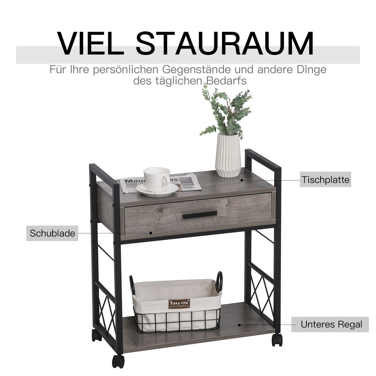 BEISTELLTISCH Servierwagen mit Schublade Ablage Küchenwagen Sideboard Grau - Grau, Kunststoff (60/30/65cm) - HOMCOM