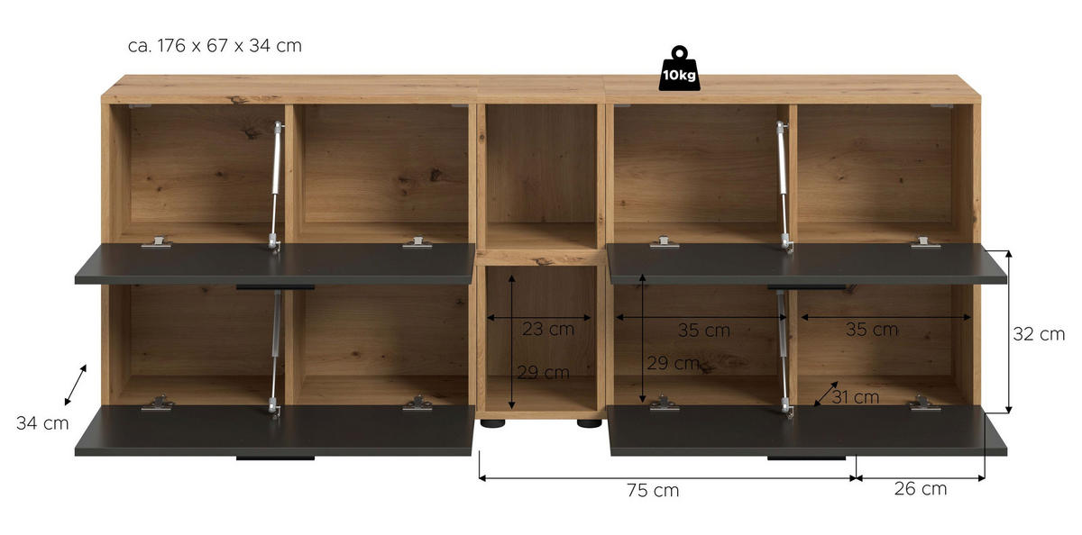 WOHNWAND The One Basalt grau 176/34/67 cm - Braun, Holzwerkstoff (176/67/34cm) - Xonox