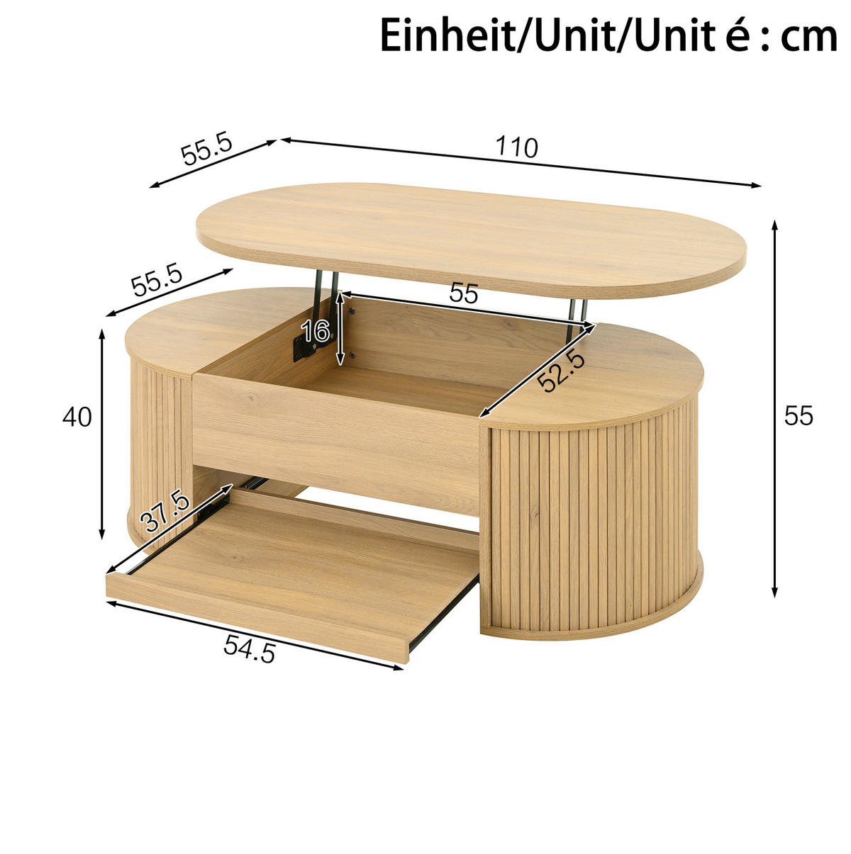 KONFERENČNÍ stolek, 110/55,5/40 cm, MDF přírodní, výškově nastavitelná deska - přírodní, kompozitní dřevo (110/55.5/40cm) - BEAOK