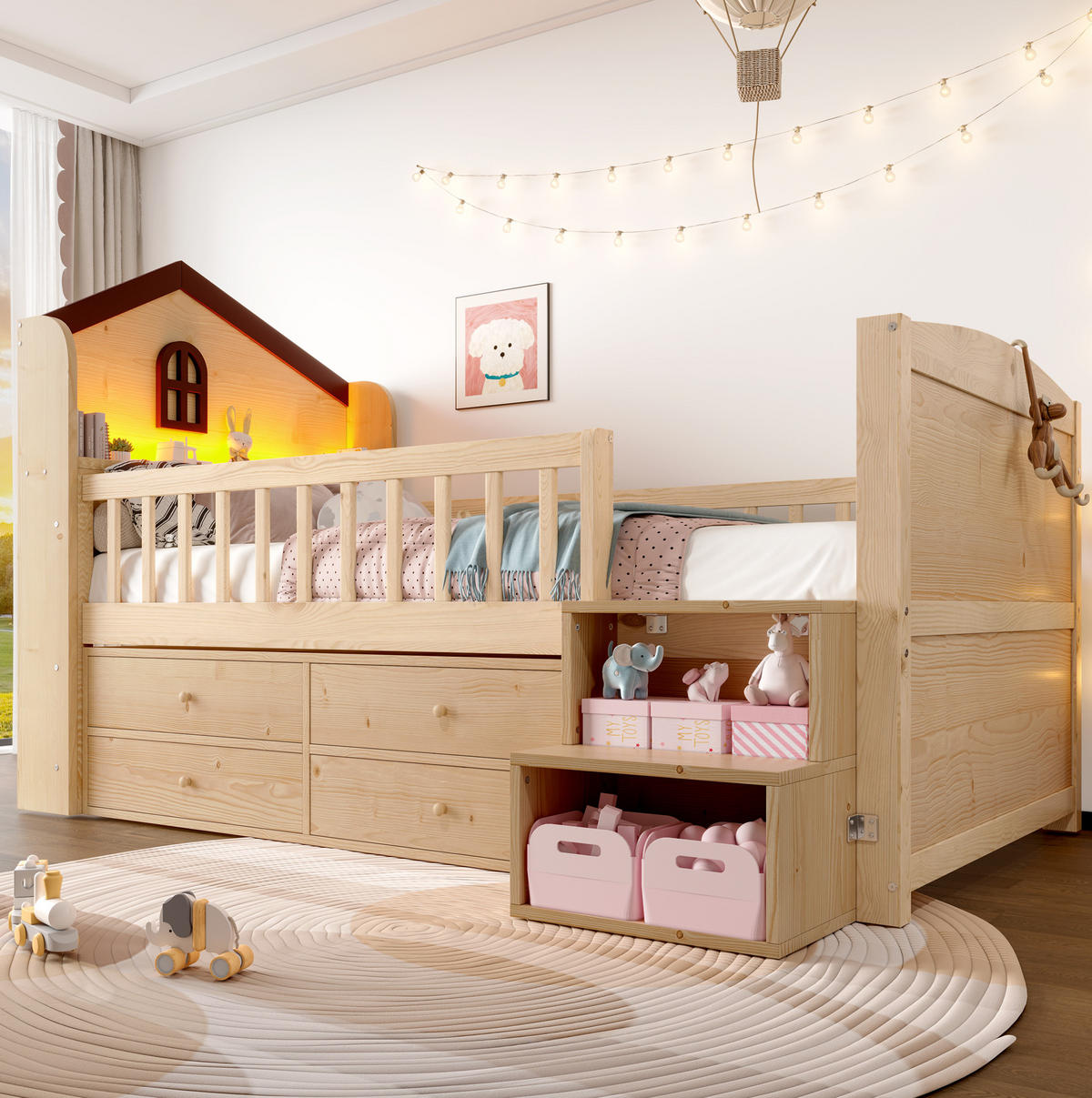 HALBHOHES BETT Hausform 90/200 cm mit LED und Stauraum ohne Matratze - Naturfarben, Holz (90/200cm) - MIVRAY
