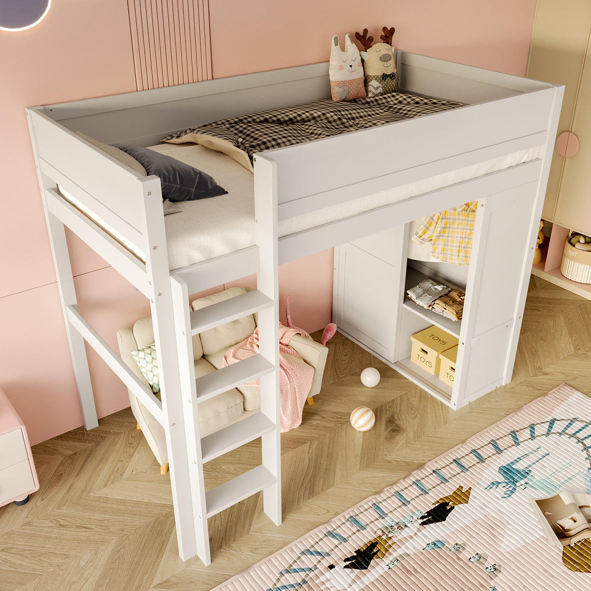 HOCHBETT 90/200 cm Weiß mit Kleiderschrank und Staufach ohne Matratze - Weiß, Holz (90/200cm) - MIVRAY
