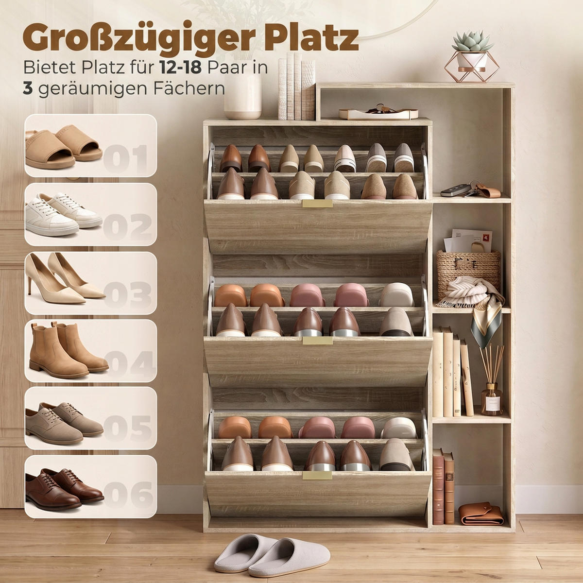 SCHUHSCHRANK MDF Naturholz - Goldfarben/Naturfarben, Holzwerkstoff/Metall (25/123.8/80cm) - HOMCOM