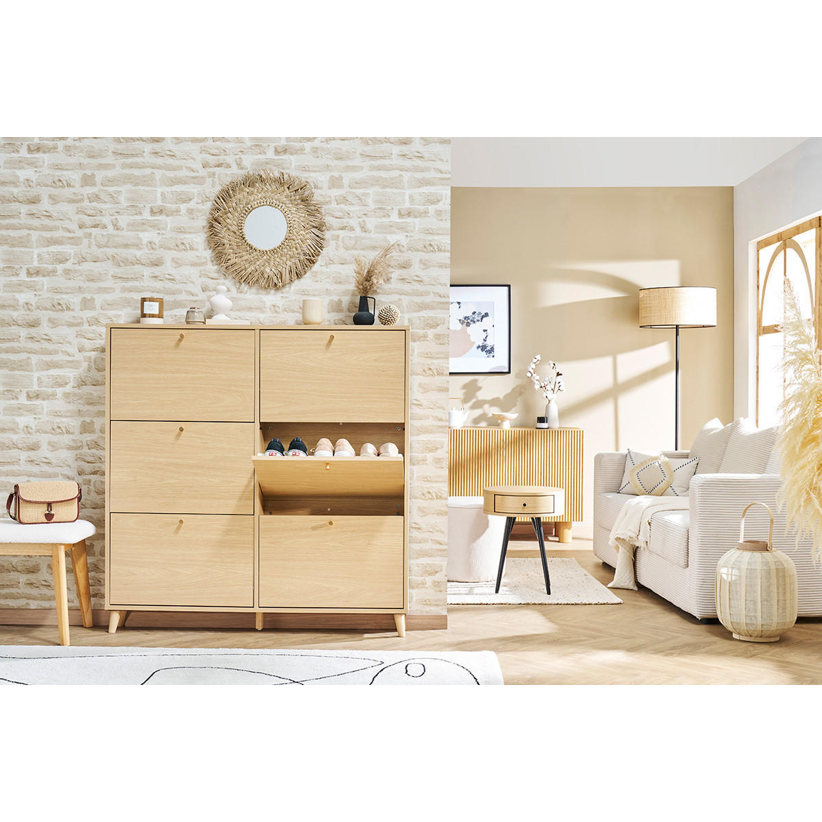 SCHUHSCHRANK Helles Holzdekor Eiche B126 cm SILVESTRE - Eiche Bianco, Holz (17/129.3/126.6cm) - Miliboo
