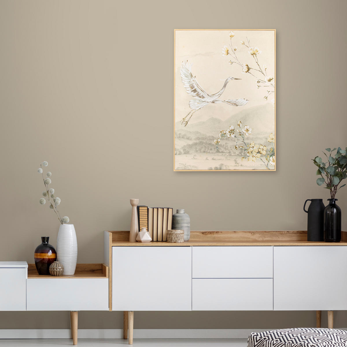 LEINWANDBILD - Kranich mit Blüte - 70x50cm - Beige - Gelb, Holzwerkstoff (50/70cm) - Art for the Home