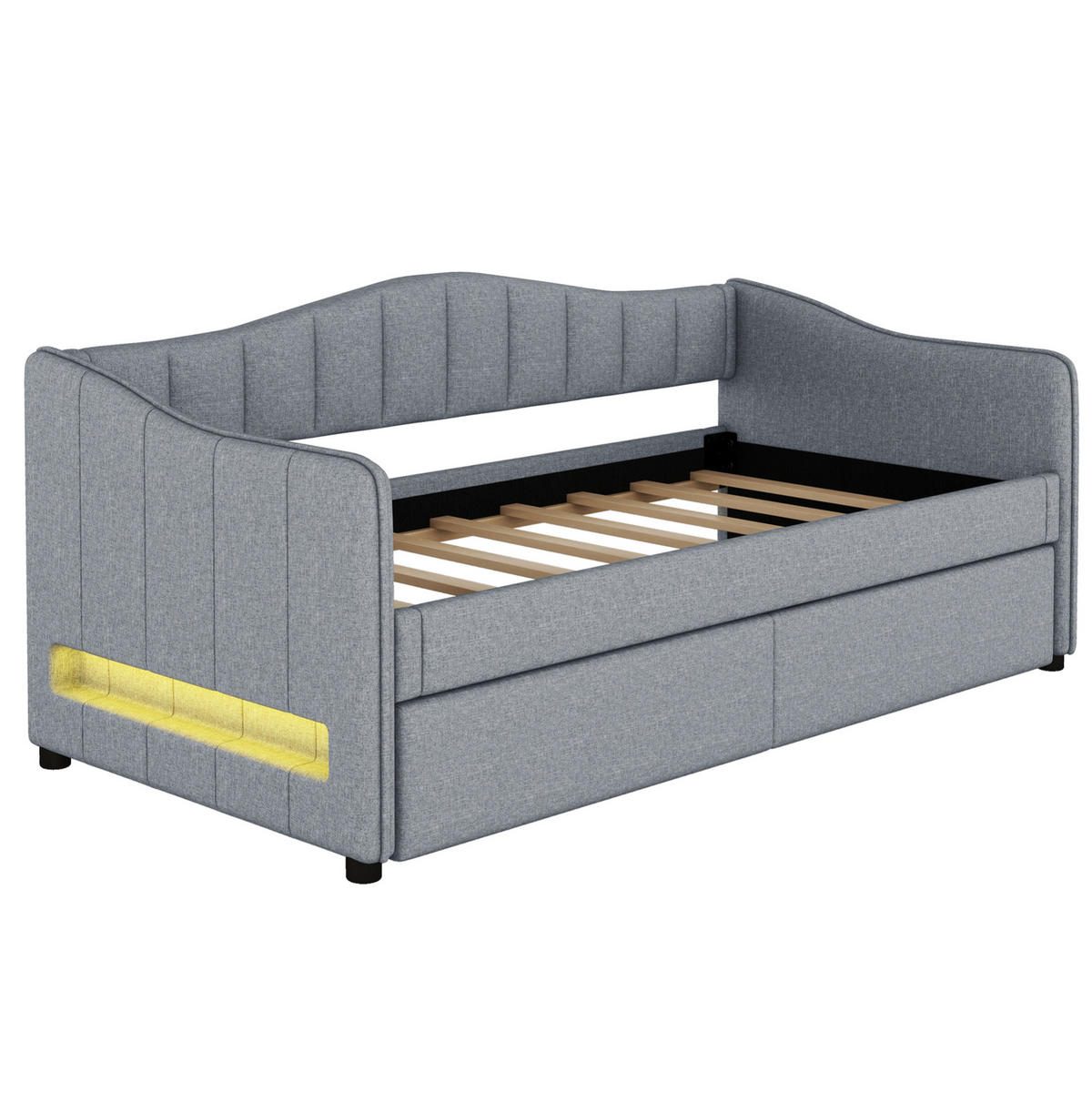 POLSTERBETT 90/200 cm Grau mit Ausziehbett und LED-Beleuchtung aus Leinen und MDF - Grau, Textil (90/200cm) - OKWISH