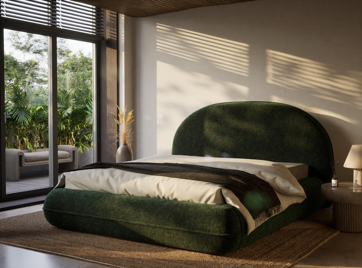 POLSTERBETT Koji Dunkelgrün 180/200 cm im Chenille-Stoff - Dunkelgrün/Schwarz, Holz/Holzwerkstoff (180/200cm) - Maison de Reve