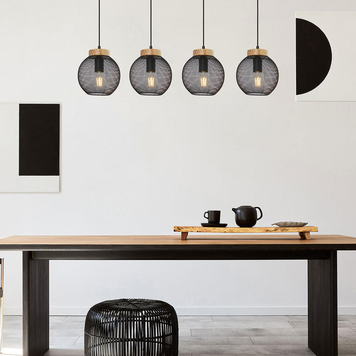 HÄNGELEUCHTE Metall Schwarz Drahtgeflecht - Schwarz, Holz (95/20/120cm) - Globo Lighting