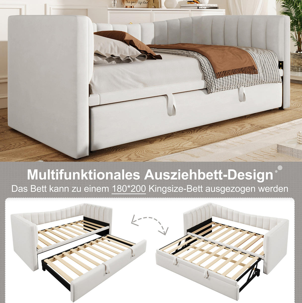 POLSTERBETT aus Samt 90x200 cm Weiß mit ausziehbarem Rollbett und multifunktionalem Daybed-Design - Weiß, Textil (180/200cm) - Modfu