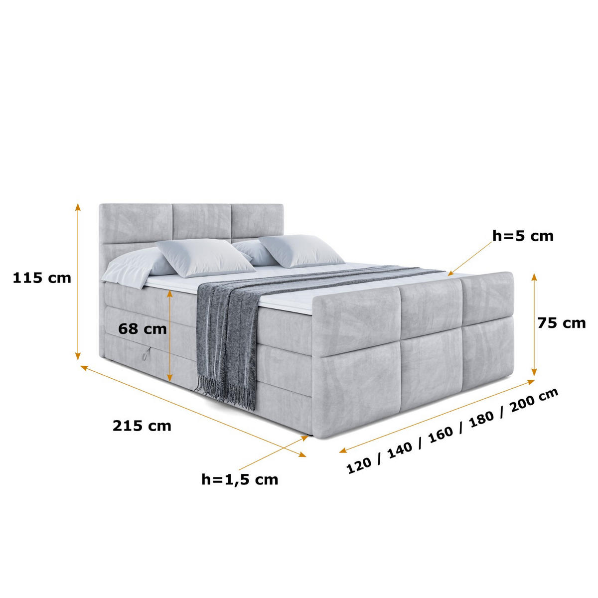BOXSPRINGBETT OHIO-Z KING - 160x200 - H3/H4 - Hellgrau - Hellgrau, Holzwerkstoff (160/200cm) - ALTDECOR