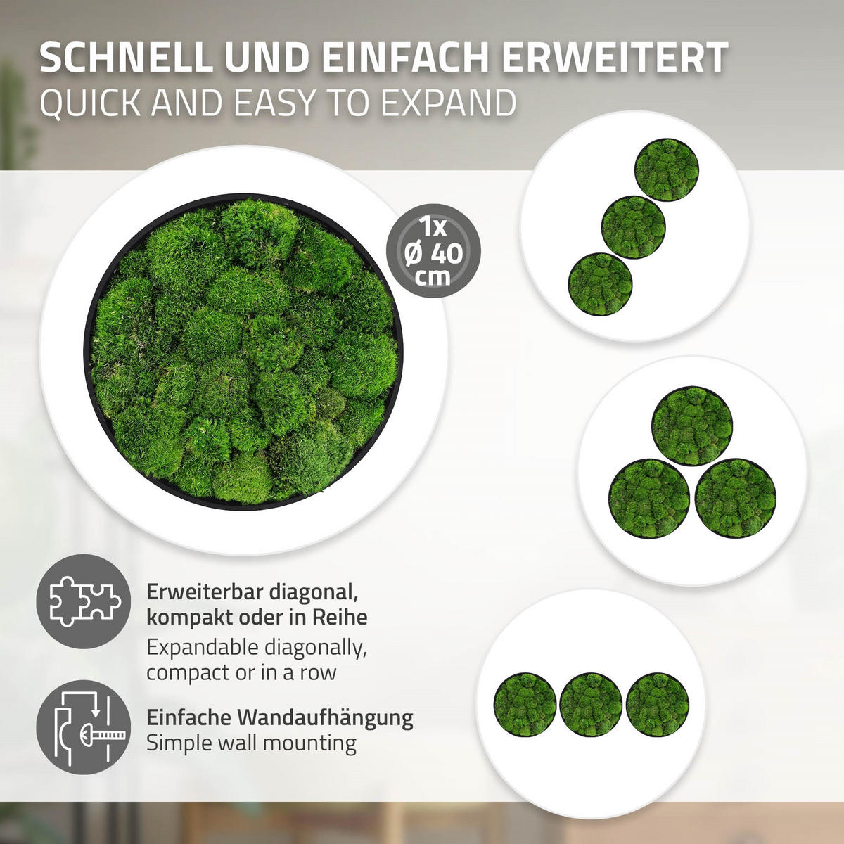 MOOSBILD Rund Ø 40 cm Mooswand Indoor mit Echtem Kugelmoos und Holzrahmen Grün Pflegefrei - Grün, Naturmaterialien (40/40/3cm) - ECD-Germany