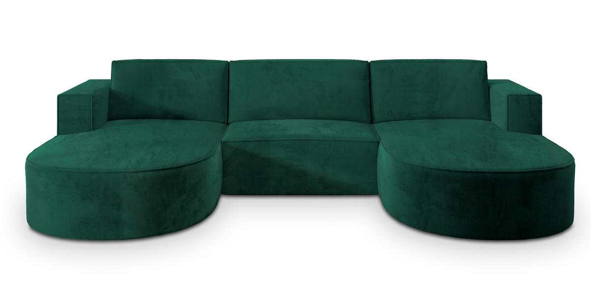 WOHNLANDSCHAFT VEZZO M Grün Velours-Stoff mit Schlaffunktion - Grün, Holz (347/85/174cm) - MASSENO