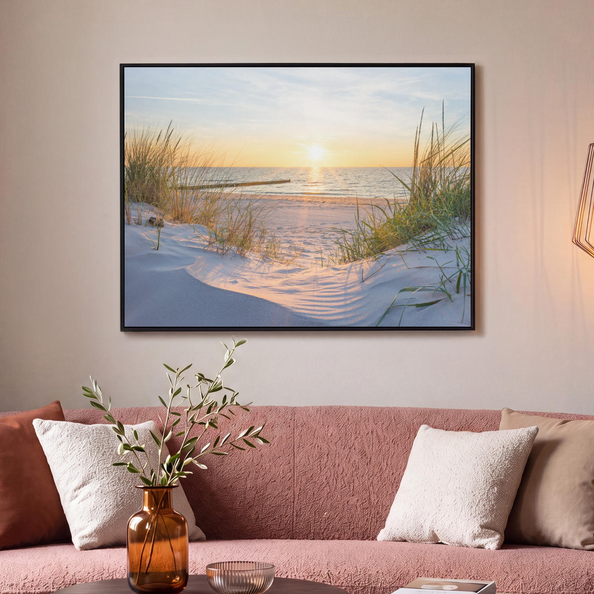 LEINWAND Bilder mit Rahmen - Strand - Sonne - Düne - Gras - Sand - Horizont - 100x70 - Hellblau, Textil (100/70cm) - MuchoWow