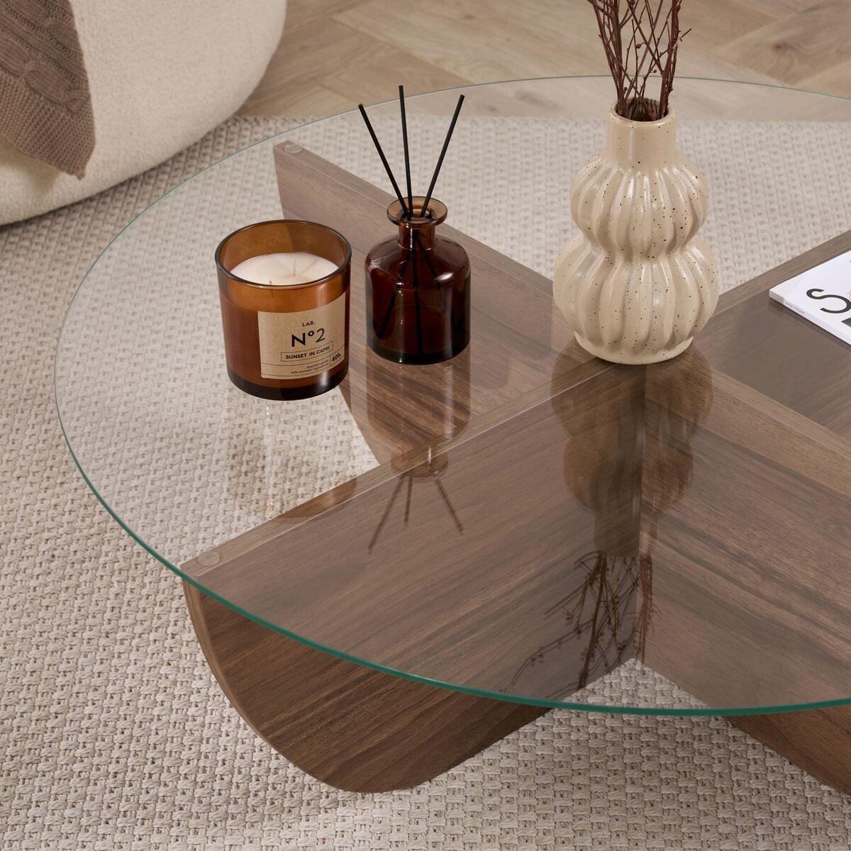 COUCHTISCH mit Glasplatte Nina 90/90/30 cm - Naturfarben, Holzwerkstoff (98/90/30cm) - Calicosy