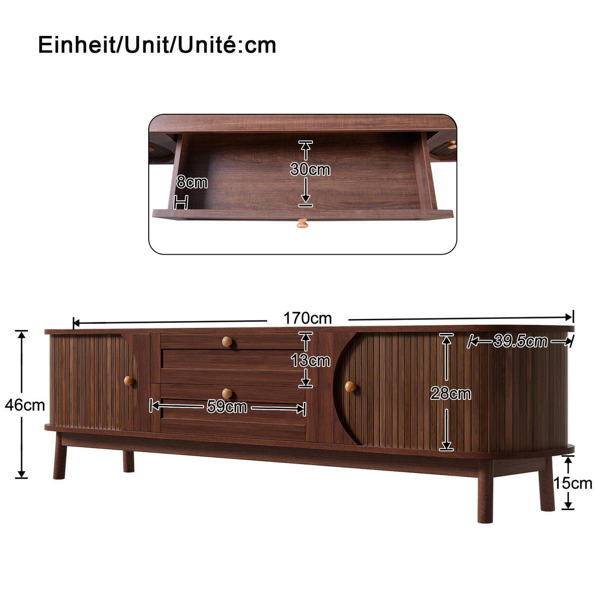 TV-SCHRANK Holzoptik Schubladen Stauraum modern - Walnussfarben, Holzwerkstoff (39.5/46/170cm) - FLIEKS