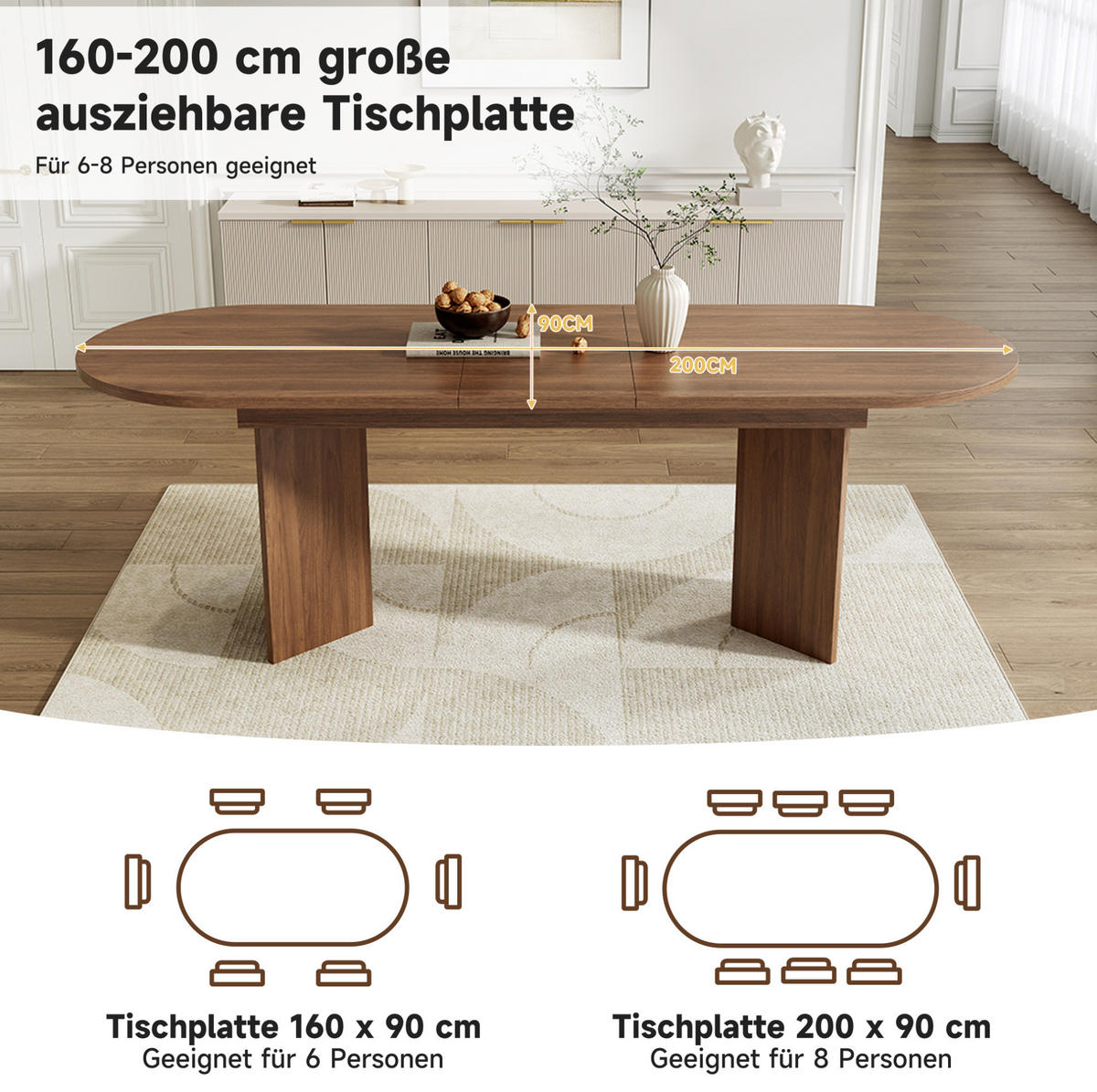 AUSZIEHTISCH 160/200/90 cm walnuss aus MDF mit abgerundeten Ecken - Walnussfarben, Holzwerkstoff (200/90/75cm) - OKWISH