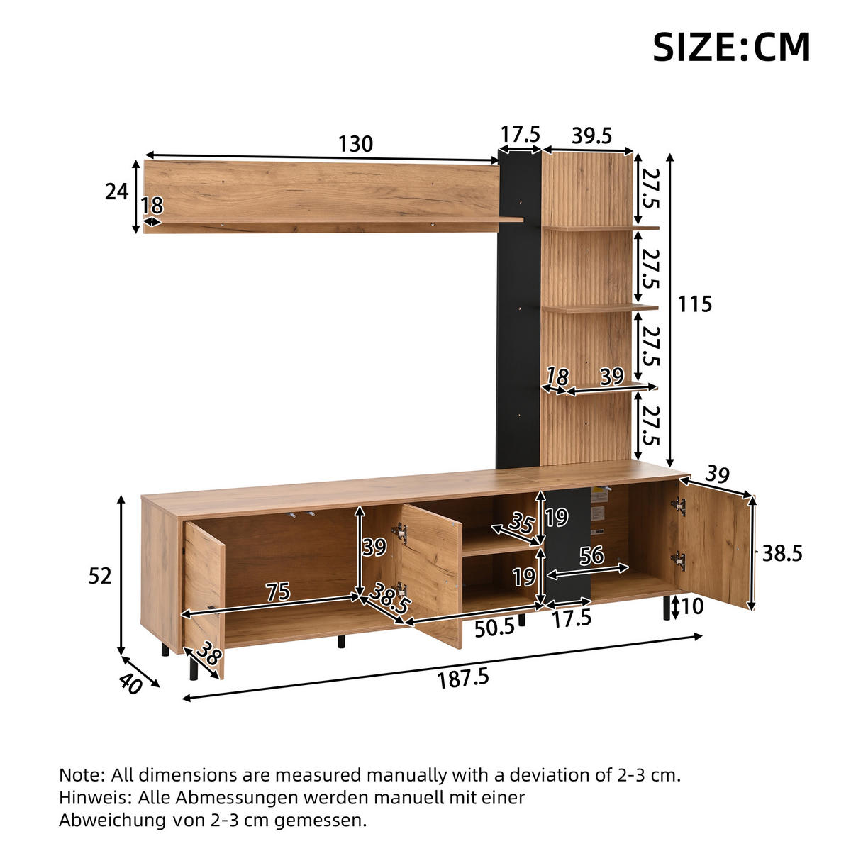 WOHNWAND 188cm Holz Schwarz TV-Board Vitrine Regal - Multicolor, Holzwerkstoff (187.5/167/40cm) - FLIEKS