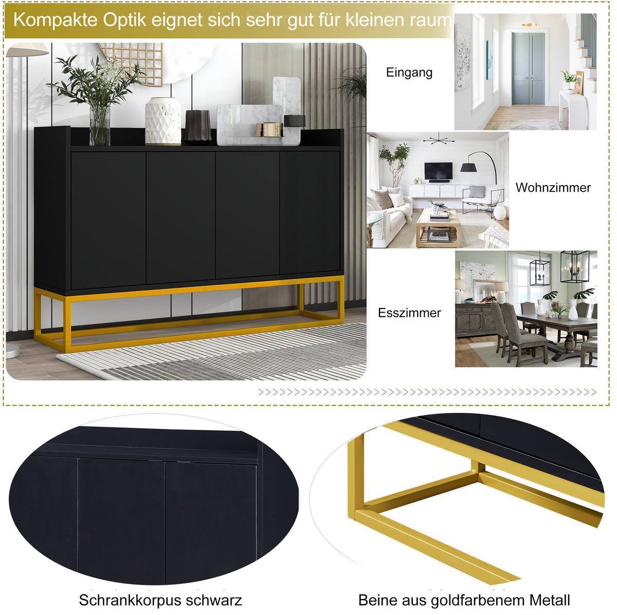 SIDEBOARD aus Spanplatte 120x30x80 cm Schwarz mit 4 Türen, verstellbaren Einlegeböden und Push-to-open - Schwarz, Holzwerkstoff (120/80/30cm) - Modfu