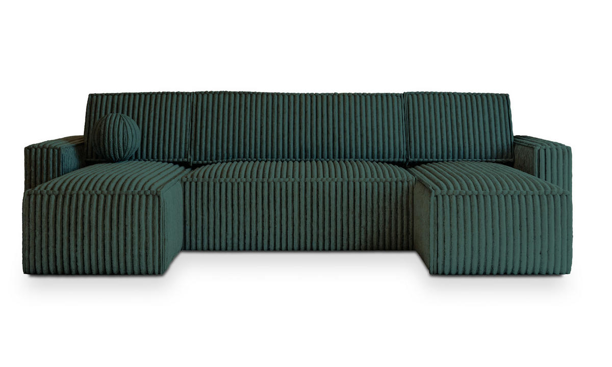 WOHNLANDSCHAFT PESANO T Grün Kordstoff mit Schlaffunktion - Grün, Holz (306/85/140cm) - MASSENO