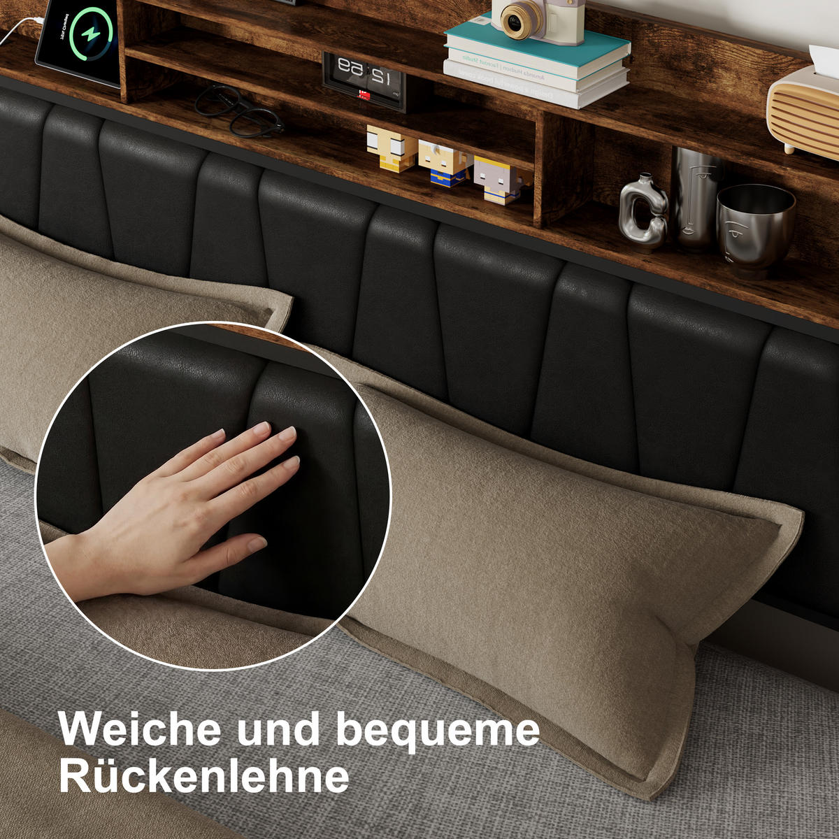 POLSTERBETT 180x200 cm, 4 Stauraumschubladen, LED-Leiste, Doppel-USB, in Braun - Braun, Holz (180/200cm) - BRILVERDE