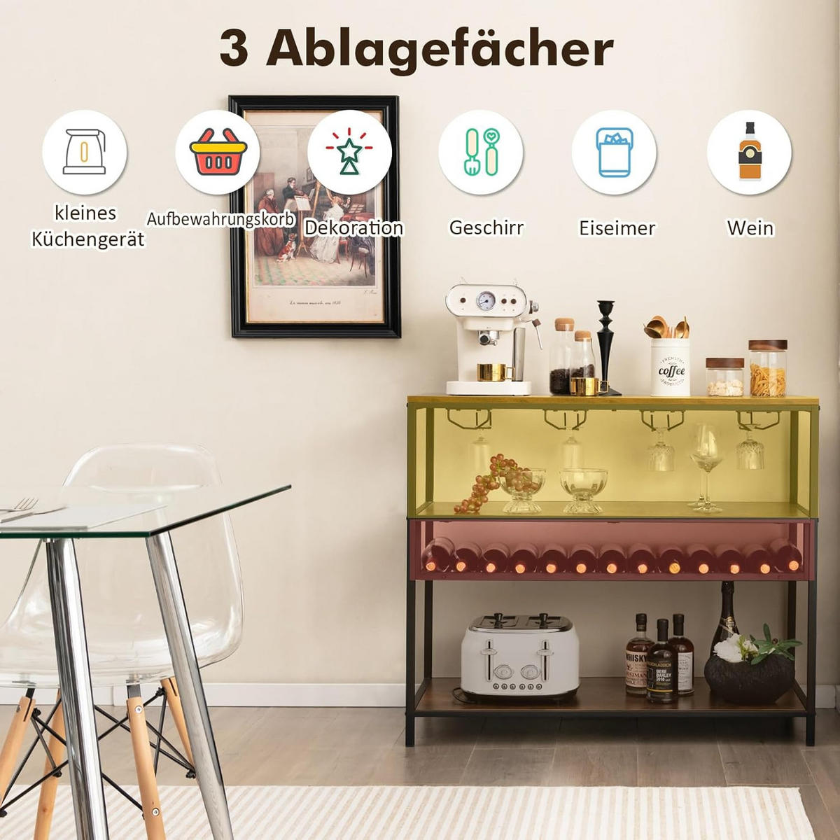 FLASCHENREGAL mit 4 Reihen Glashalter Vintage Eiche Dekor - Alteiche, Holz (102/87/40cm) - COSTWAY