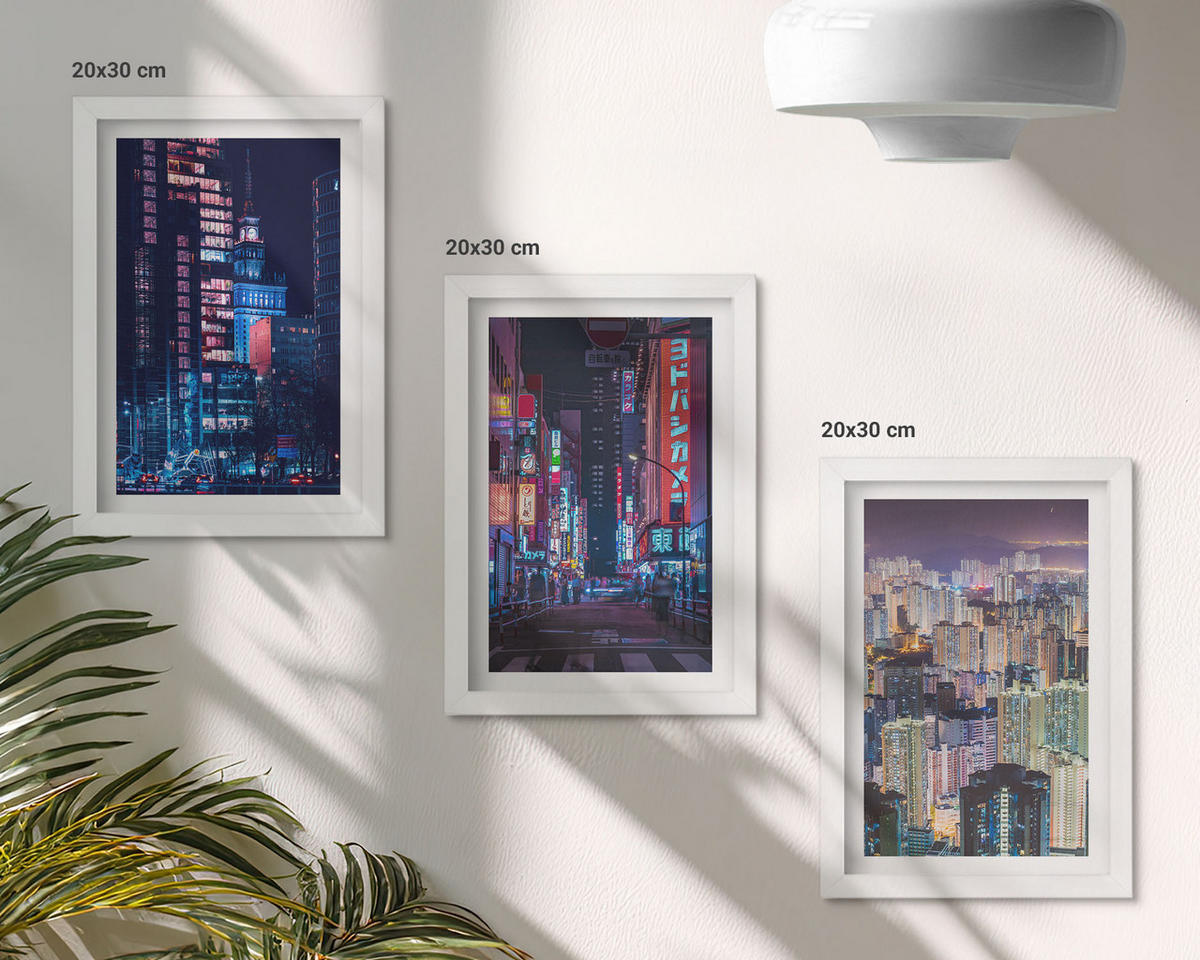 WANDBILDER 3er-Set - 20x30 cm Weißer Rahmen - Neonlichter der nächtlichen Stadt - Weiß, Kunststoff (20/30cm) - ArtPrintCave