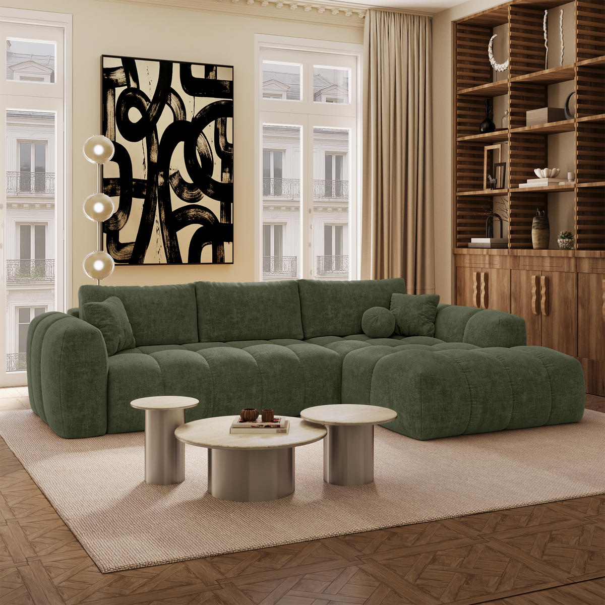 ECKSOFA rechtwinklig SKY Köpergewebe Vintage-Grün 310cm - Dunkelgrün/Grün, Textil (310/180cm) - Premium Interiors