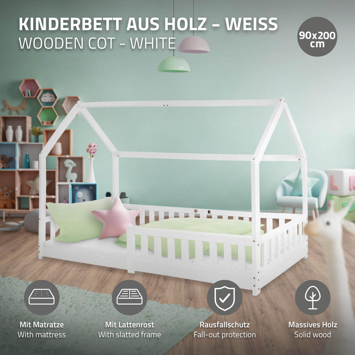 KINDERBETT mit Dach und Matratze 90x200 cm Weiß - Weiß, Holz (90/200cm) - ML-DESIGN