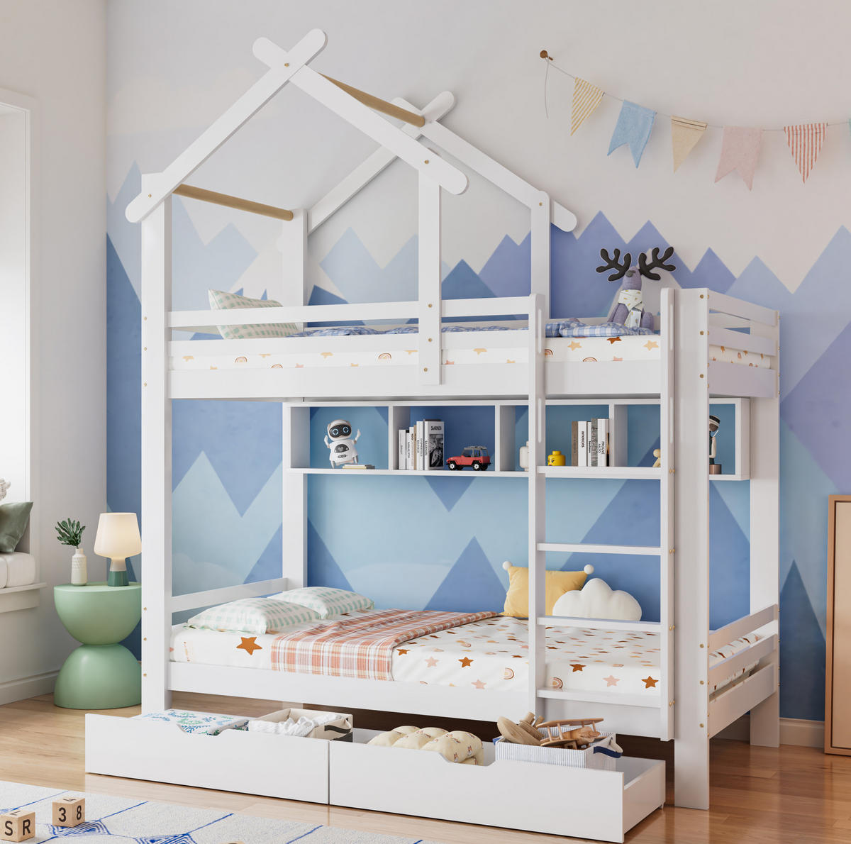 ETAGENBETT aus Kiefer und MDF 90x200 cm Weiß mit Schubladen, Regalen, Fallschutz und Leiter - Weiß, Holzwerkstoff (90/200cm) - Modfu