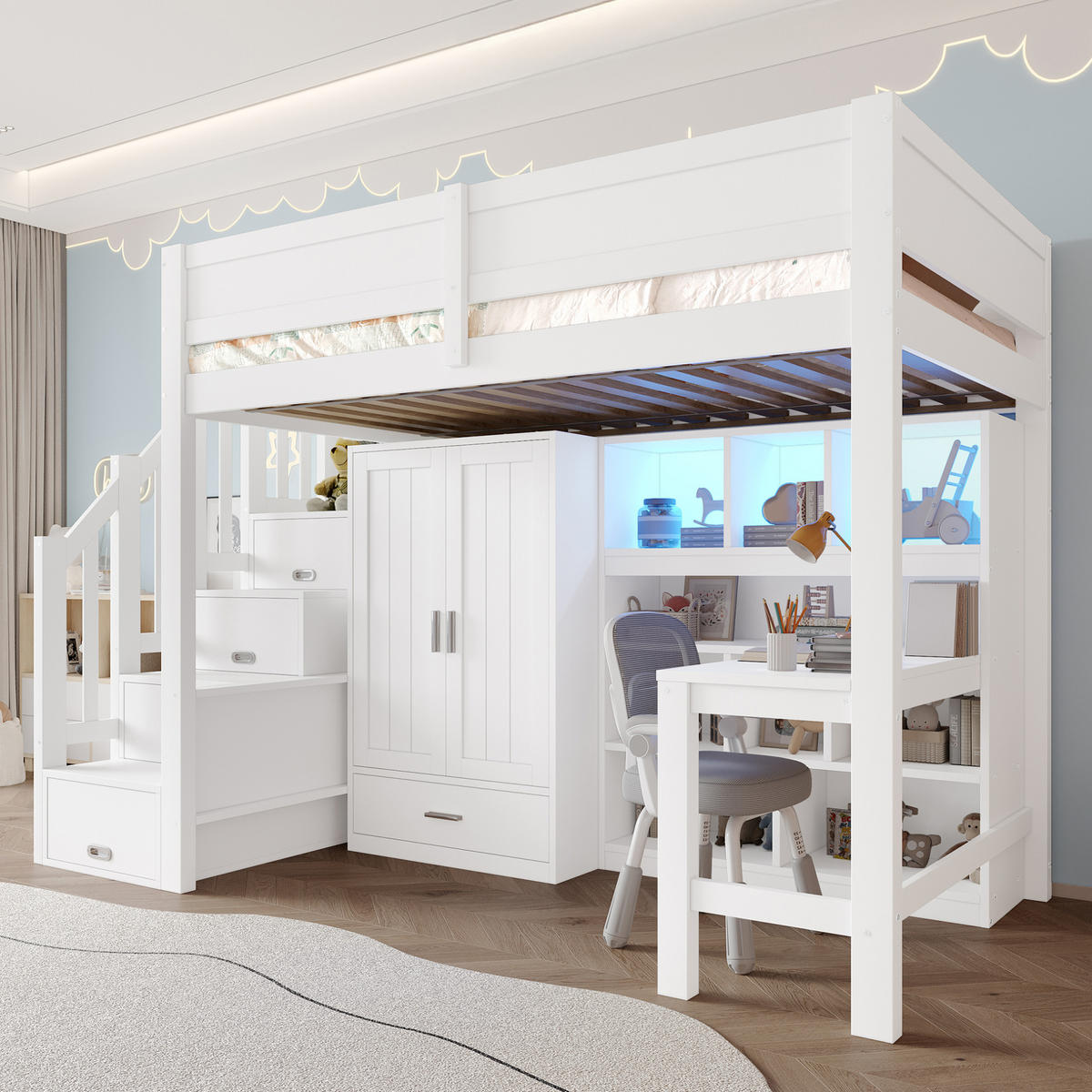 HOCHBETT 90/200 cm, weiß mit Schreibtisch, Regal, Kleiderschrank und LED - Weiß, Holz (90/200cm) - MIVRAY