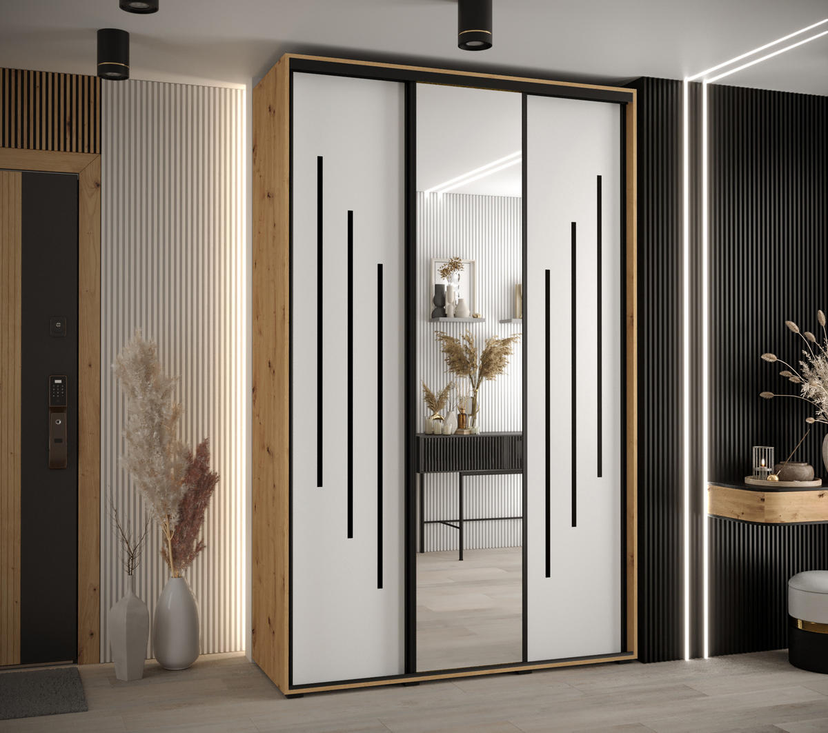 SCHWEBETÜRENSCHRANK 235,2/160/60 3-türig - Schwarz/Weiß, Holz/Metall (160/235/60cm) - Abiks Möbel