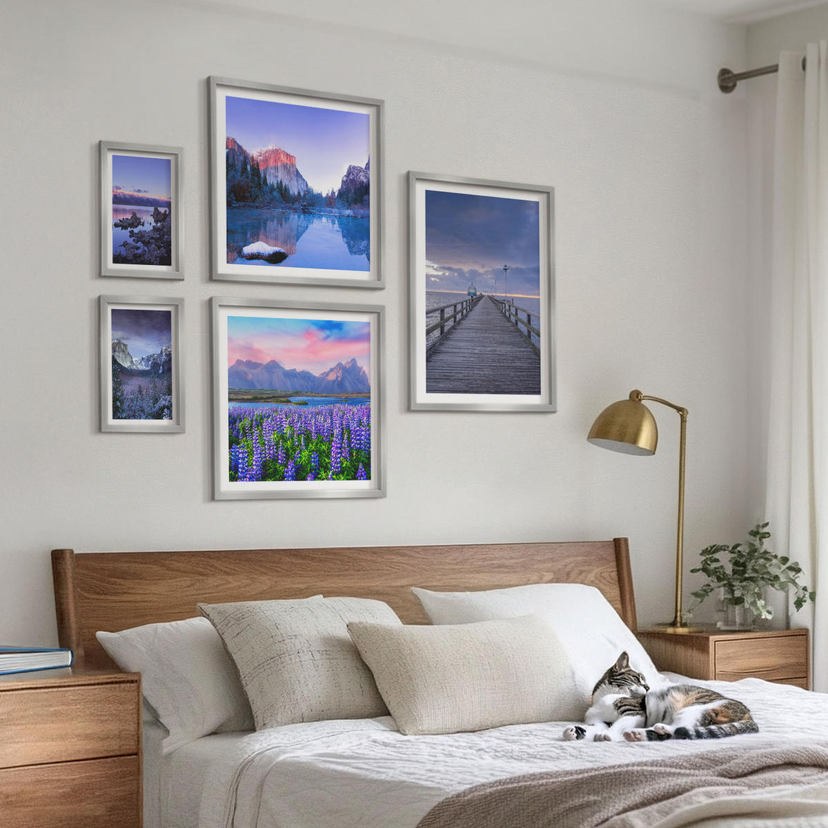 WANDBILDER 5er Set - 50x50 cm & 20x30 cm & 40x60 cm Silberner Rahmen - Berglandschaften, Wasser, Blumenfeld - Silberfarben, Kunststoff (40/60cm) - ArtPrintCave
