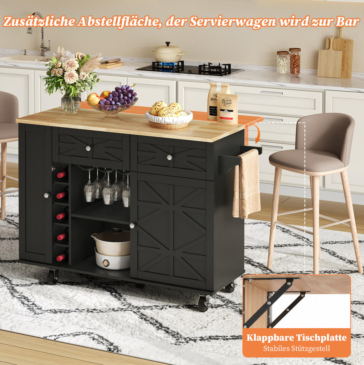 KÜCHENINSEL 120/45(70)/89 cm mit klappbarer Arbeitsplatte, Rollen und Stauraum aus MDF, Schwarz - Schwarz, Holzwerkstoff (120/89/70cm) - Redom