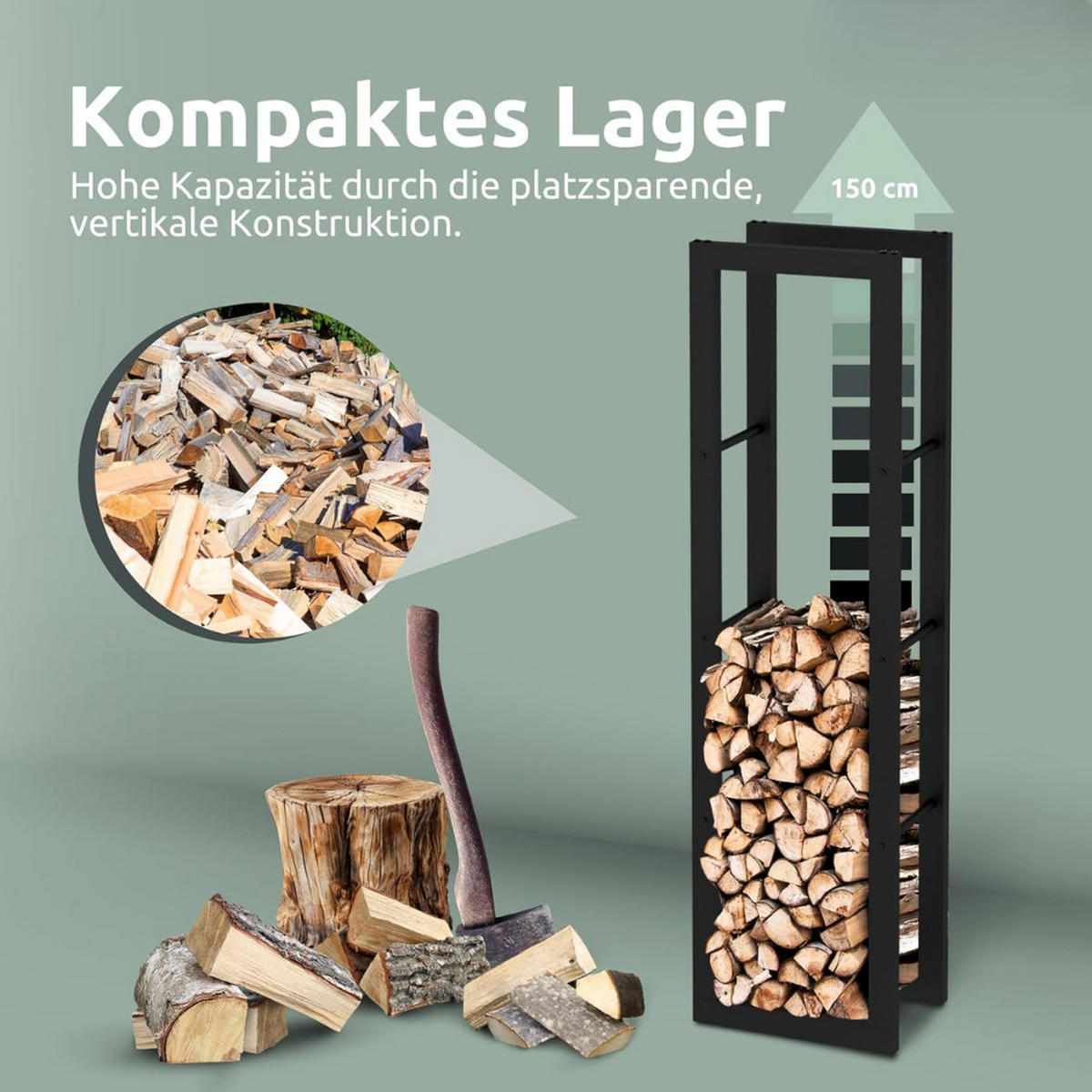 KAMINHOLZREGAL innen Metall KEOP Schwarz 40x25x150 cminkl. Ofenhandschuh - Schwarz, Metall (40/150/25cm) - DELUKE