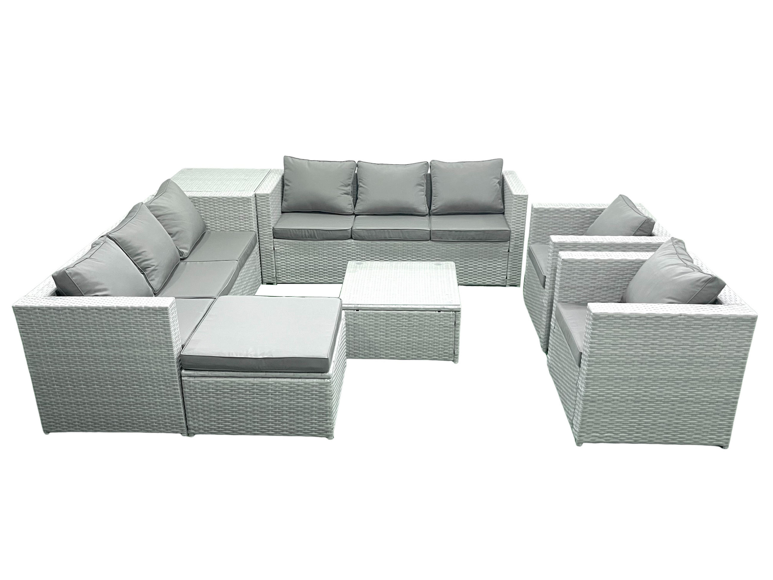 GARTENMÖBEL-SET mit Kissen Polyrattan Hellgrau-Mix 9-Sitzer - Hellgrau/Grau, Glas/Kunststoff - Fimous