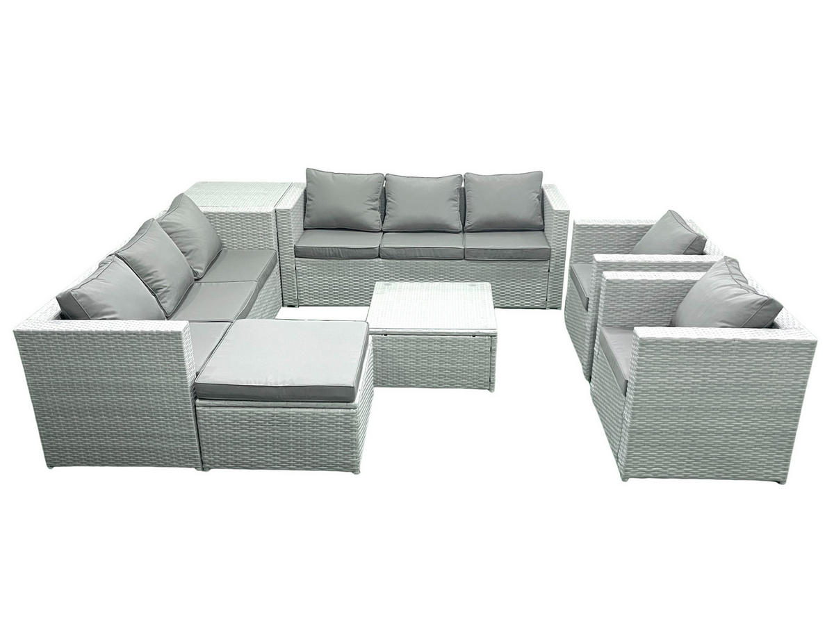 GARTENMÖBEL-SET mit Kissen Polyrattan Hellgrau-Mix 9-Sitzer - Hellgrau/Grau, Glas/Kunststoff - Fimous