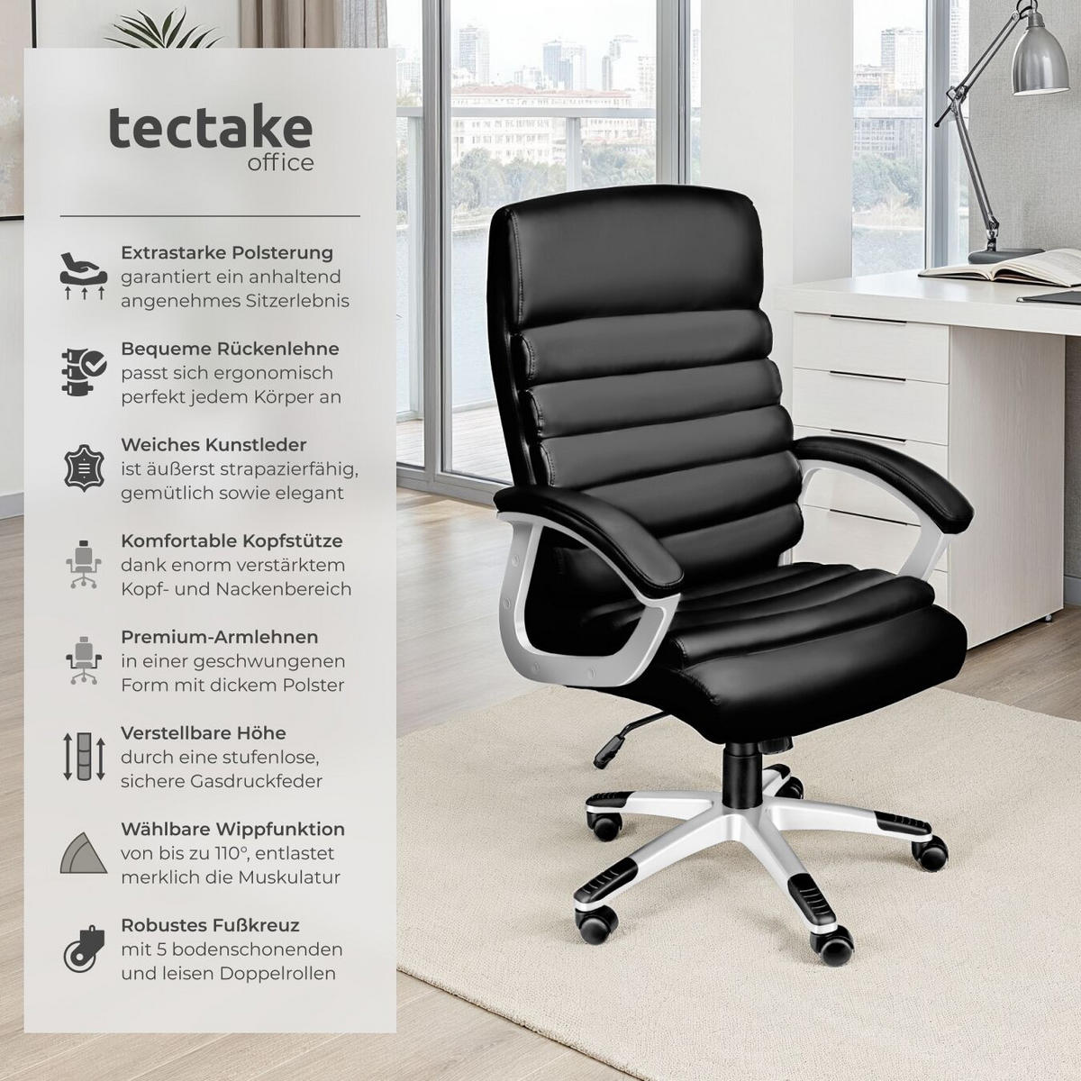 BÜROSTUHL Paul,einstellbare Wippfunktion,schwarz - Schwarz, Textil (66/124/60cm) - tectake