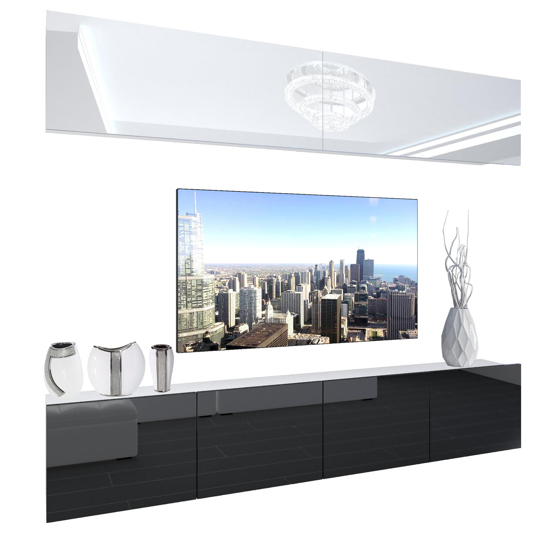 WOHNZIMMERWAND Schrankwand mit LED Weiß / Schwarz - Schwarz/Weiß, Holz (200/180/36cm) - B BELINI GROUP