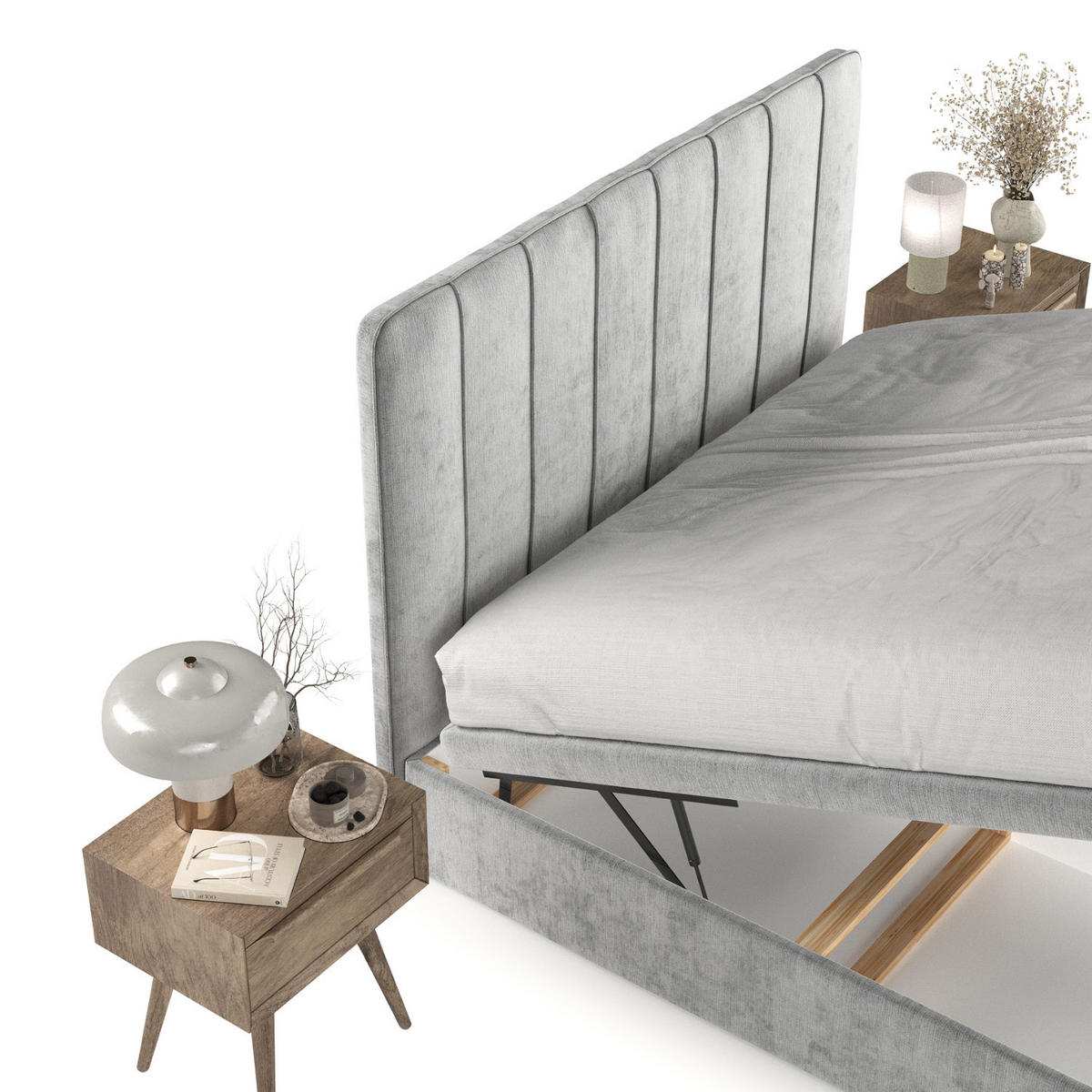 POLSTERBETT Vienna mit Stauraum 200/200 cm Hellgrau im Lotta Stoff - Hellgrau/Schwarz, Holz/Holzwerkstoff (200/200cm) - AltaBeds
