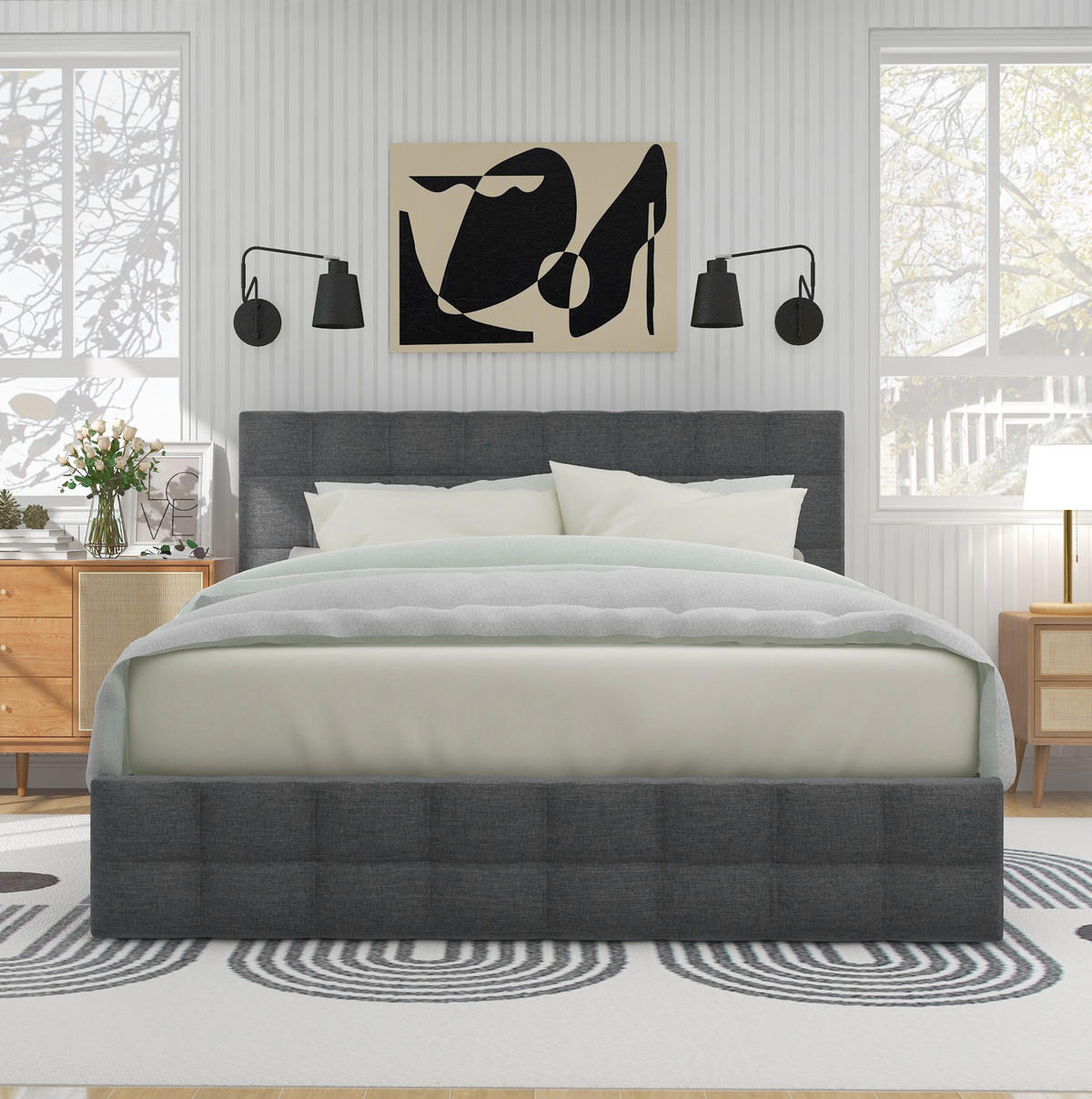 POLSTERBETT 140/200 cm grau aus Leinen mit 4 Schubladen und Matratze - Grau, Textil (140/200cm) - OKWISH
