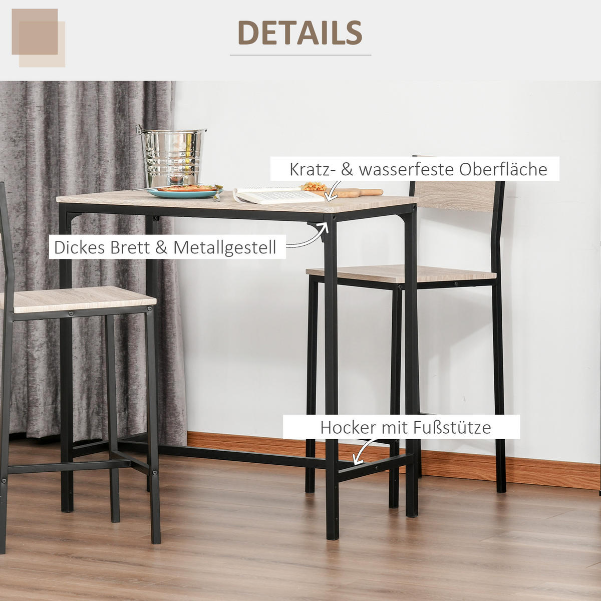 BARTISCH-SET DE-39278 89/45 cm Tisch mit 2 Stühlen Natur/Schwarz - Naturfarben, Holzwerkstoff (89/87/45cm) - ComfortXL