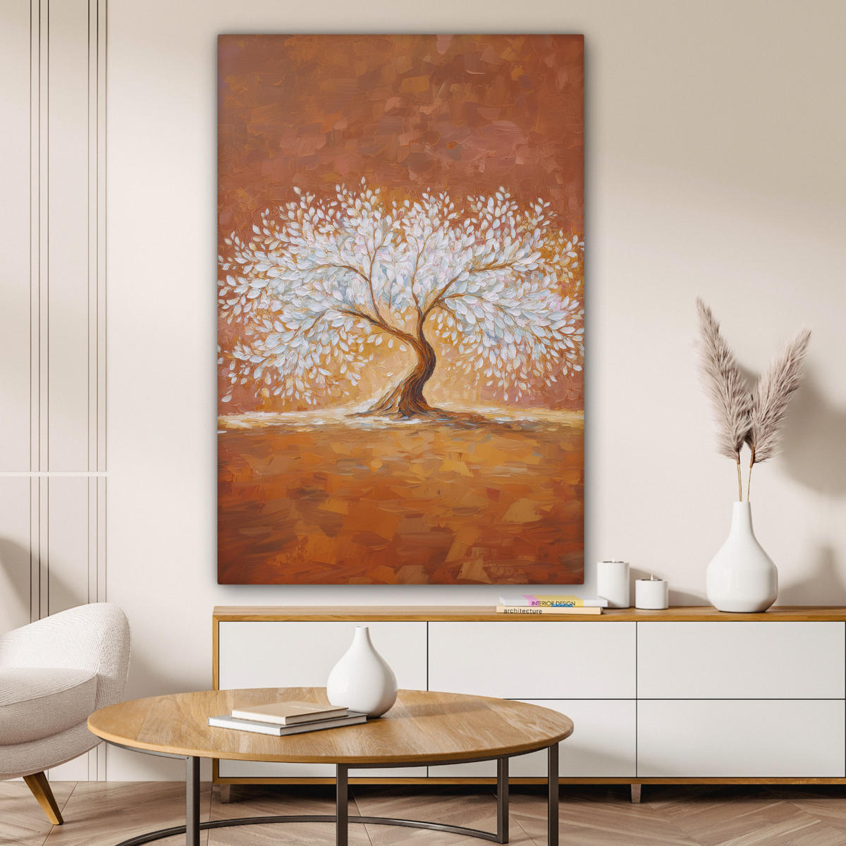 LEINWANDBILD Abstrakt - Baum - Weiß - Blätter Deko Groß 90x140 cm - Braun, Textil (90/140cm) - MuchoWow