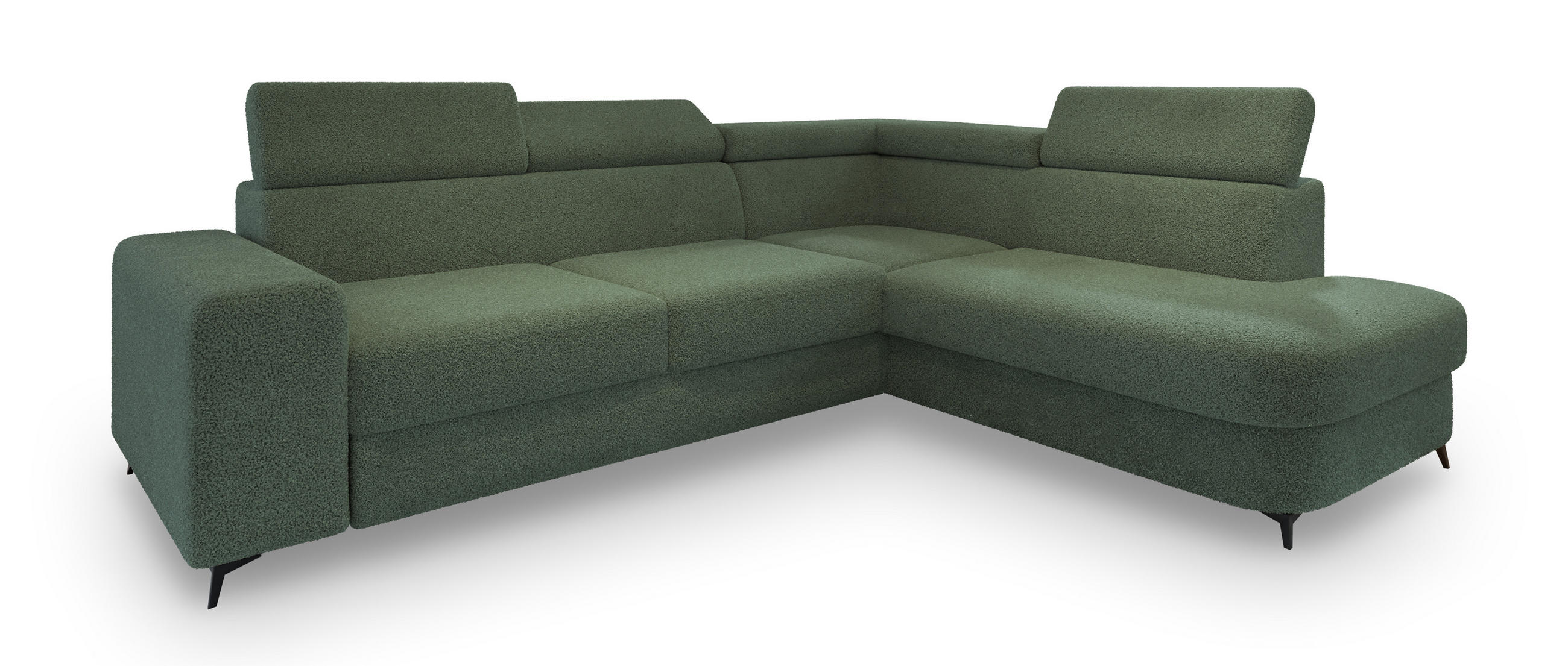 ECKSOFA ALVORO R-S Grün Boucle-Stoff mit Schlaffunktion - Grün, Holz (253/190cm) - MASSENO