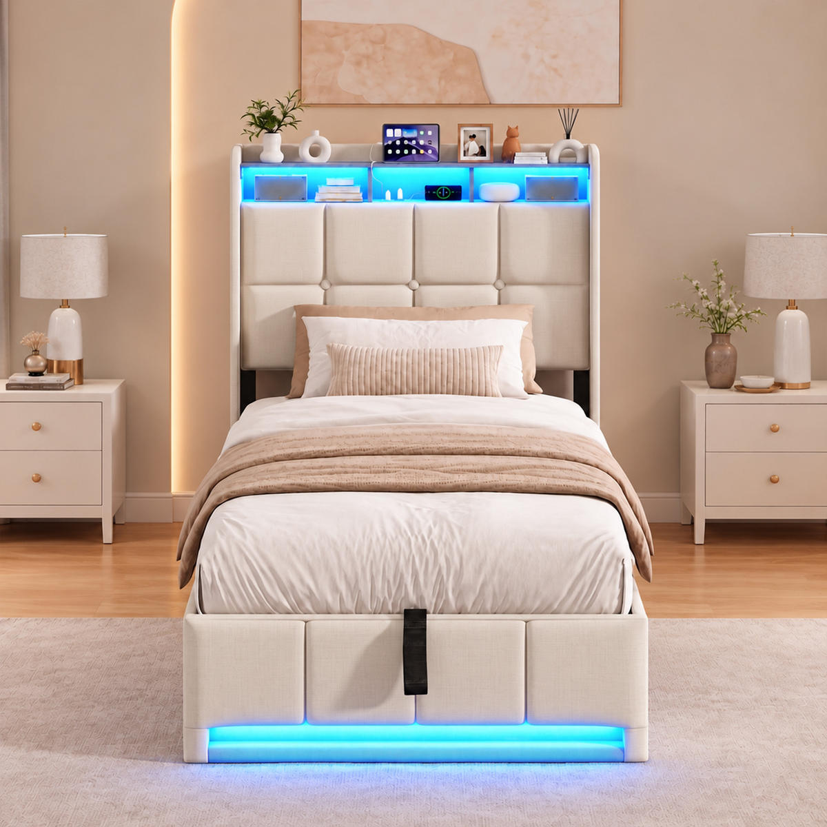 POLSTERBETT 90/200 cm，LED Bett Beige mit Stauraum & USB,Lattenrost,Leinen - Beige/Naturfarben, Holz/Textil (90/200cm) - FURNISHINGS HOME