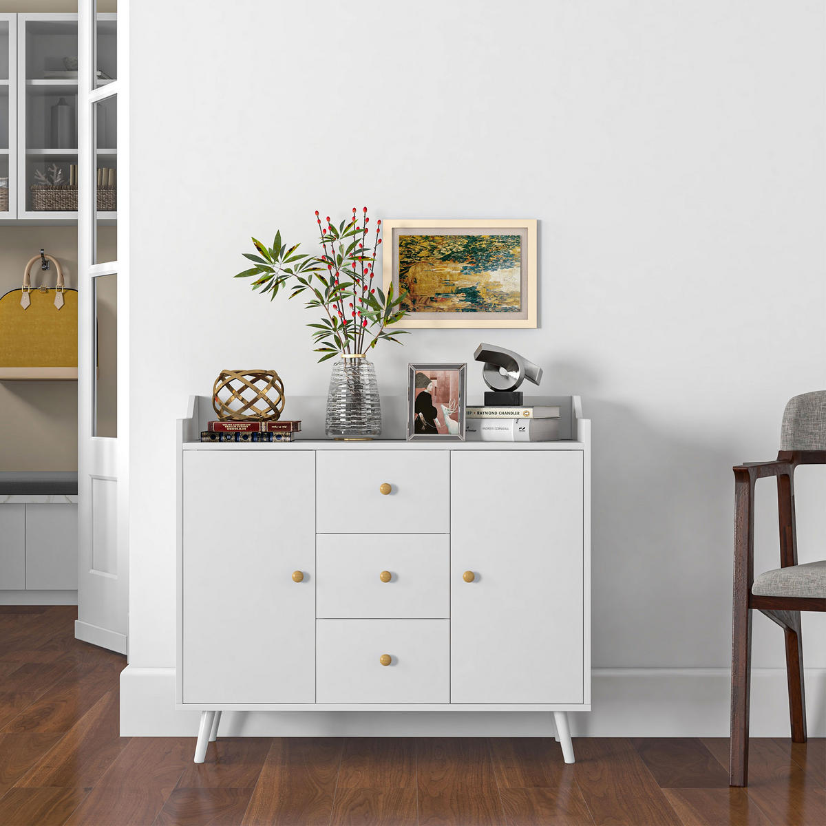 SIDEBOARD Weiß, 2 Türen, 3 Schubladen, 90/32/80 cm - Weiß, Holz (90/80/32cm) - PANGIVO