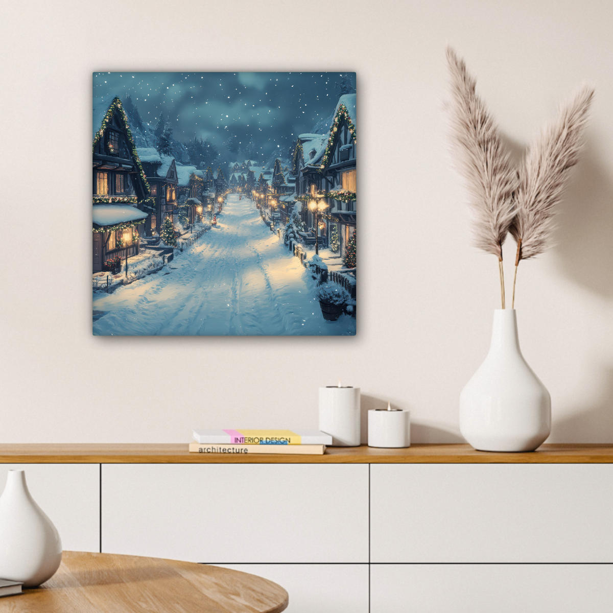 LEINWANDBILD Weihnachtsdorf - Weihnachten - Schnee - Winter 50x50 cm - Dunkelblau, Textil (50/50cm) - MuchoWow