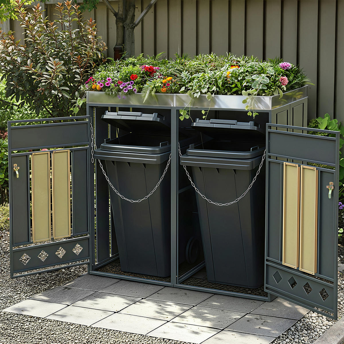 MÜLLTONNENBOX 2 Türen Holzoptik vertikal - Grau, Metall (132/124.5/80cm) - LEBENLANG