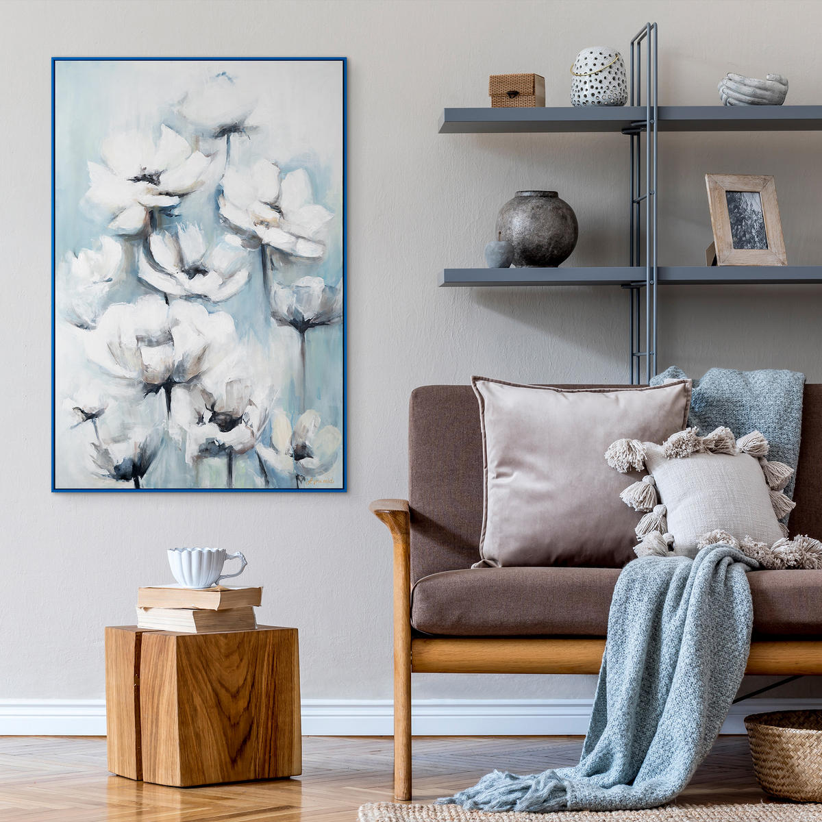 GEMÄLDE Blumige Zärtlichkeit Schattenfugenrahmen Blau 140x100 cm - Blau, Holz (140/100cm) - YS-art gallery