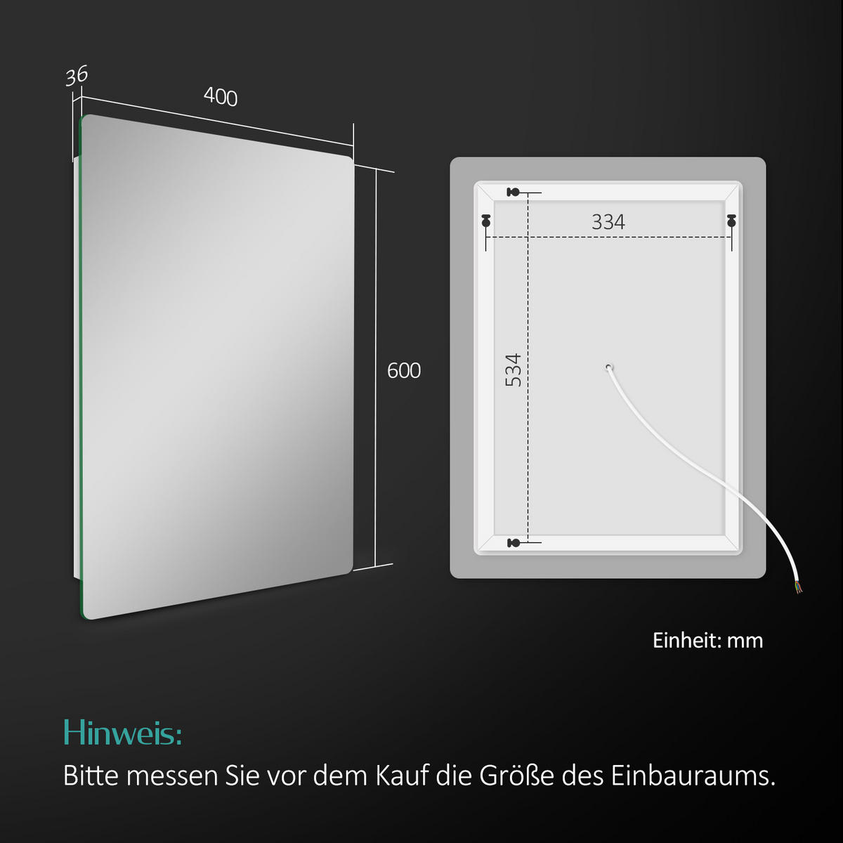 BADSPIEGEL mit Anti-Beschlag Beleuchtung Rechteckig 60/40 cm - Weiß, Glas (40/3.6/60cm) - EMKE