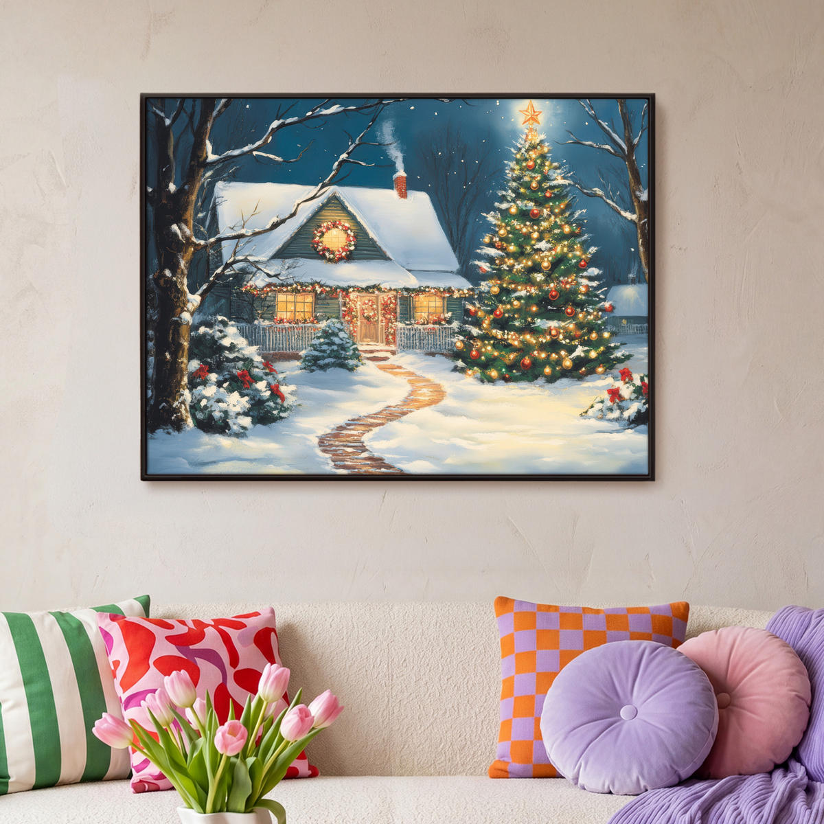 LEINWAND Bilder mit Rahmen - Weihnachten - Weihnachtsbaum - Winter - Zuhause - Schnee - 100x70 - Smaragdgrün, Textil (100/70cm) - MuchoWow