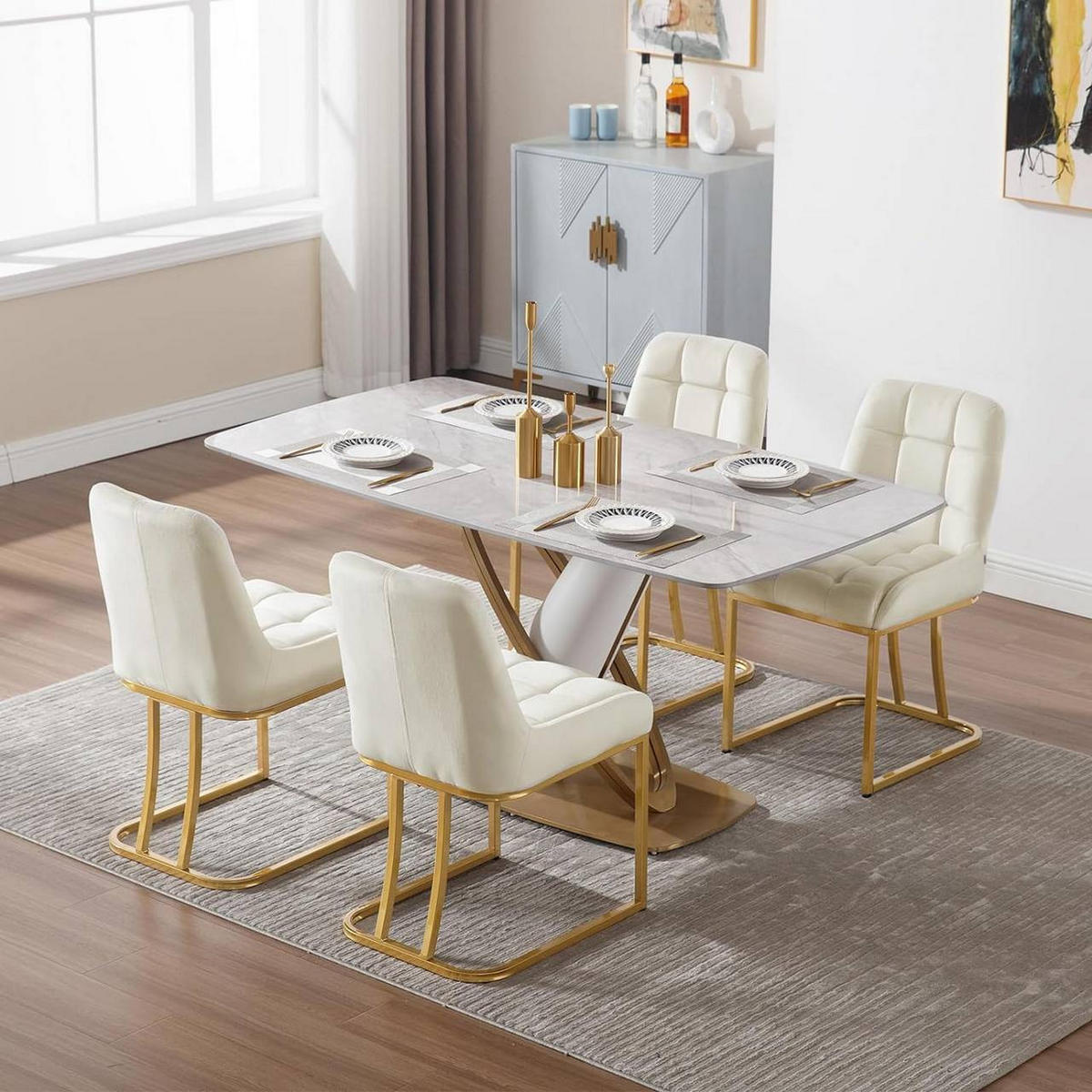 ESSZIMMERSTUHL 6er Set Beine in Bogenform, Samt, Creme - Goldfarben/Creme, Kunststoff/Textil (47.5/84/57.5cm) - Woltu